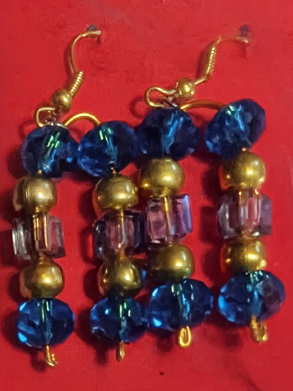 Gold-Tone Drop Earrings with Blue and Purple Beads